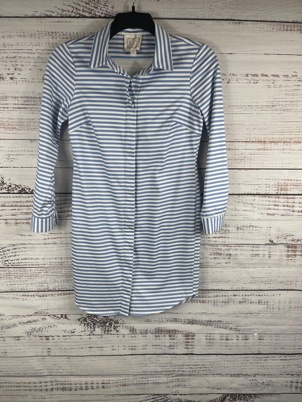 Sail to Sable Dress Women's XS Blue White Striped Tunic Collared 3/4 Sleeve STS